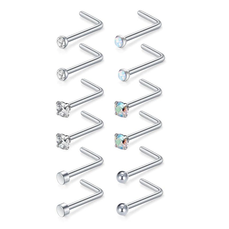 MODRSA 20g 18g Nose Rings Studs Surgical Steel Nostril Piercing Jewelry L Shaped Screw Opal CZ Tragus Helix Cartilage Earrings Flat and Round Top Clear Retainer - Image 1
